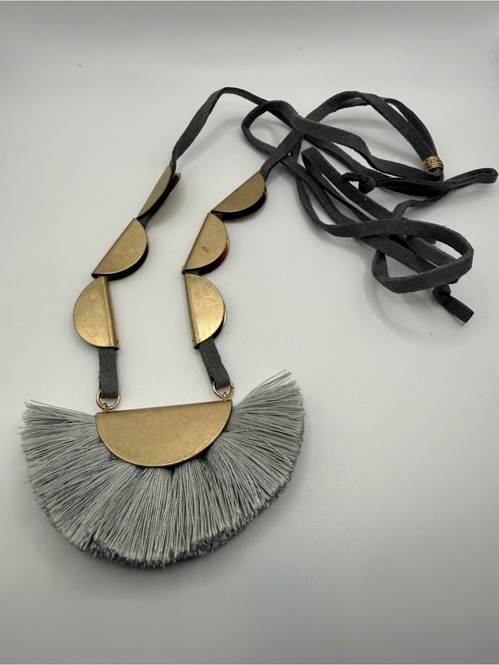 Gold & Gray Fringe Statement Necklace with Suede Tie